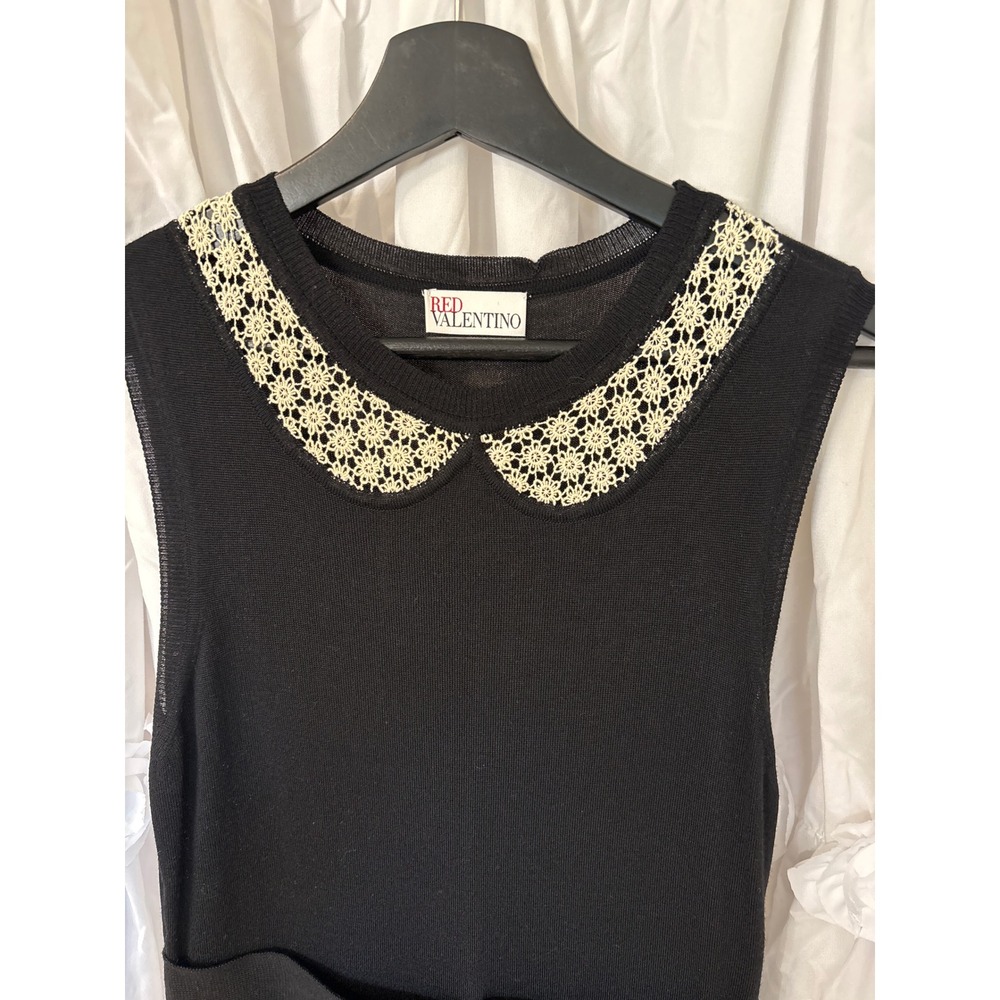 RED Valentino Black Knit Sleeveless Dress Lace Peter Pan Collar Bow Waist - Picture 2 of 11